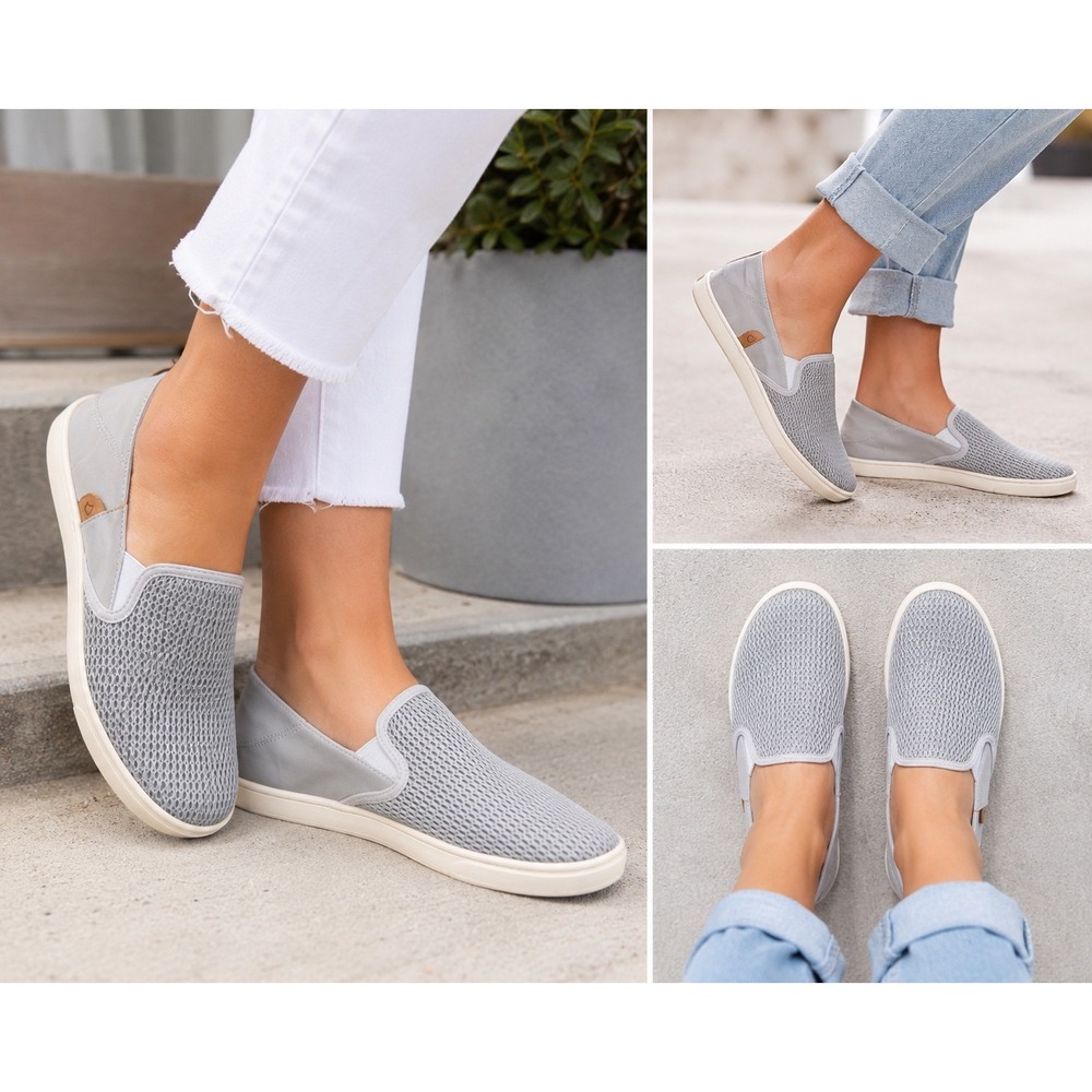 OluKai Pehuea Mesh Slip On Sneakers Womens Gray Blue Drop In Heel 20271 SZ 8.5